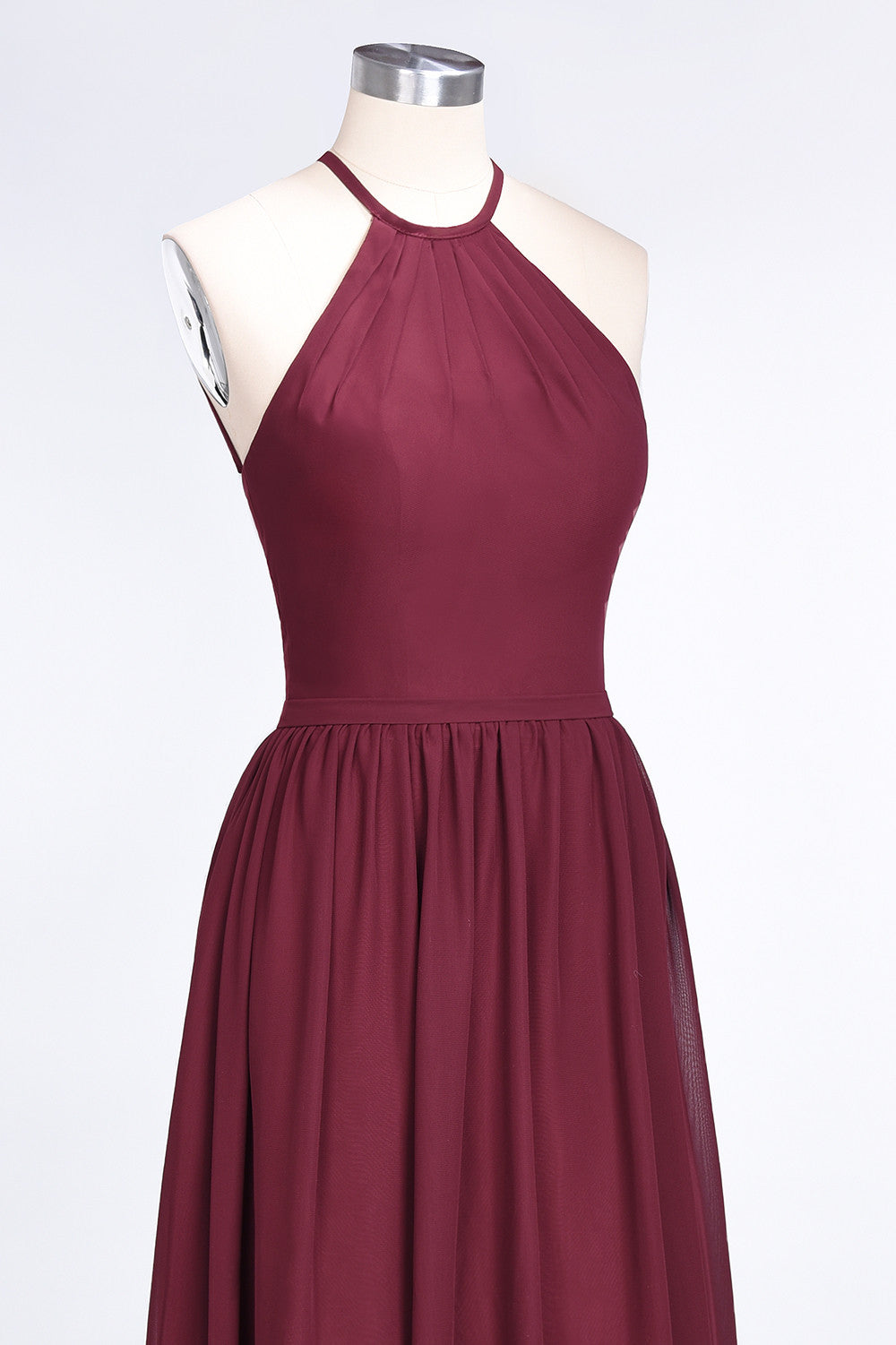 Affordable Halter Sleeveless Long Burgundy Bridesmaid Dress with Ruffle-Babyonlines