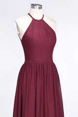 Affordable Halter Sleeveless Long Burgundy Bridesmaid Dress with Ruffle-Babyonlines