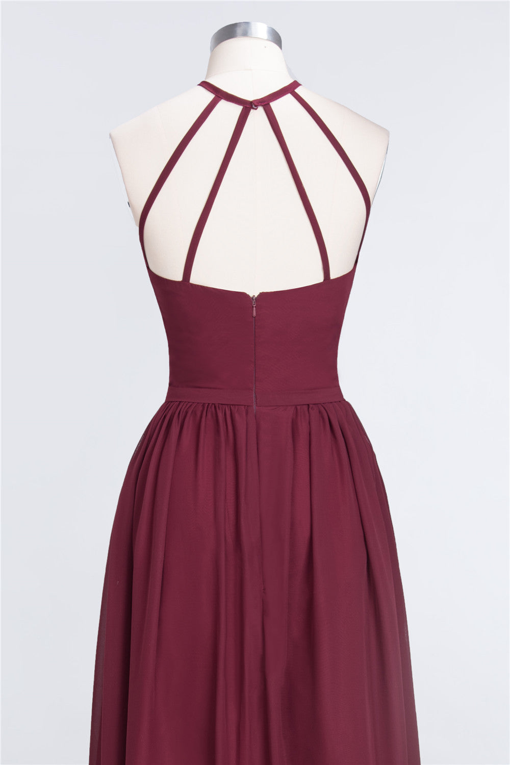 Affordable Halter Sleeveless Long Burgundy Bridesmaid Dress with Ruffle-Babyonlines