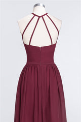 Affordable Halter Sleeveless Long Burgundy Bridesmaid Dress with Ruffle-Babyonlines