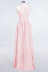 Affordable Halter Sleeveless Long Burgundy Bridesmaid Dress with Ruffle-Babyonlines