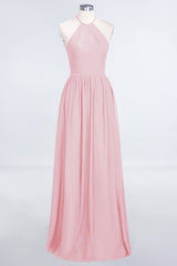 Affordable Halter Sleeveless Long Burgundy Bridesmaid Dress with Ruffle-Babyonlines