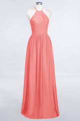 Affordable Halter Sleeveless Long Burgundy Bridesmaid Dress with Ruffle-Babyonlines