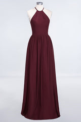 Affordable Halter Sleeveless Long Burgundy Bridesmaid Dress with Ruffle-Babyonlines
