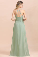 Affordable Halter Sweetheart Chiffon Dusty Sage Bridesmaid Dresses-Babyonlines