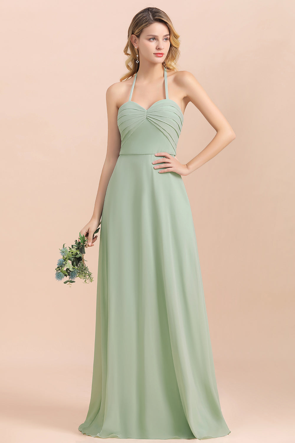 Affordable Halter Sweetheart Chiffon Dusty Sage Bridesmaid Dresses-Babyonlines