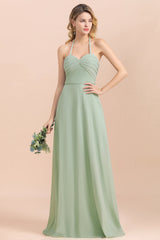 Affordable Halter Sweetheart Chiffon Dusty Sage Bridesmaid Dresses-Babyonlines