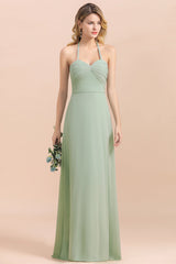 Affordable Halter Sweetheart Chiffon Dusty Sage Bridesmaid Dresses-Babyonlines