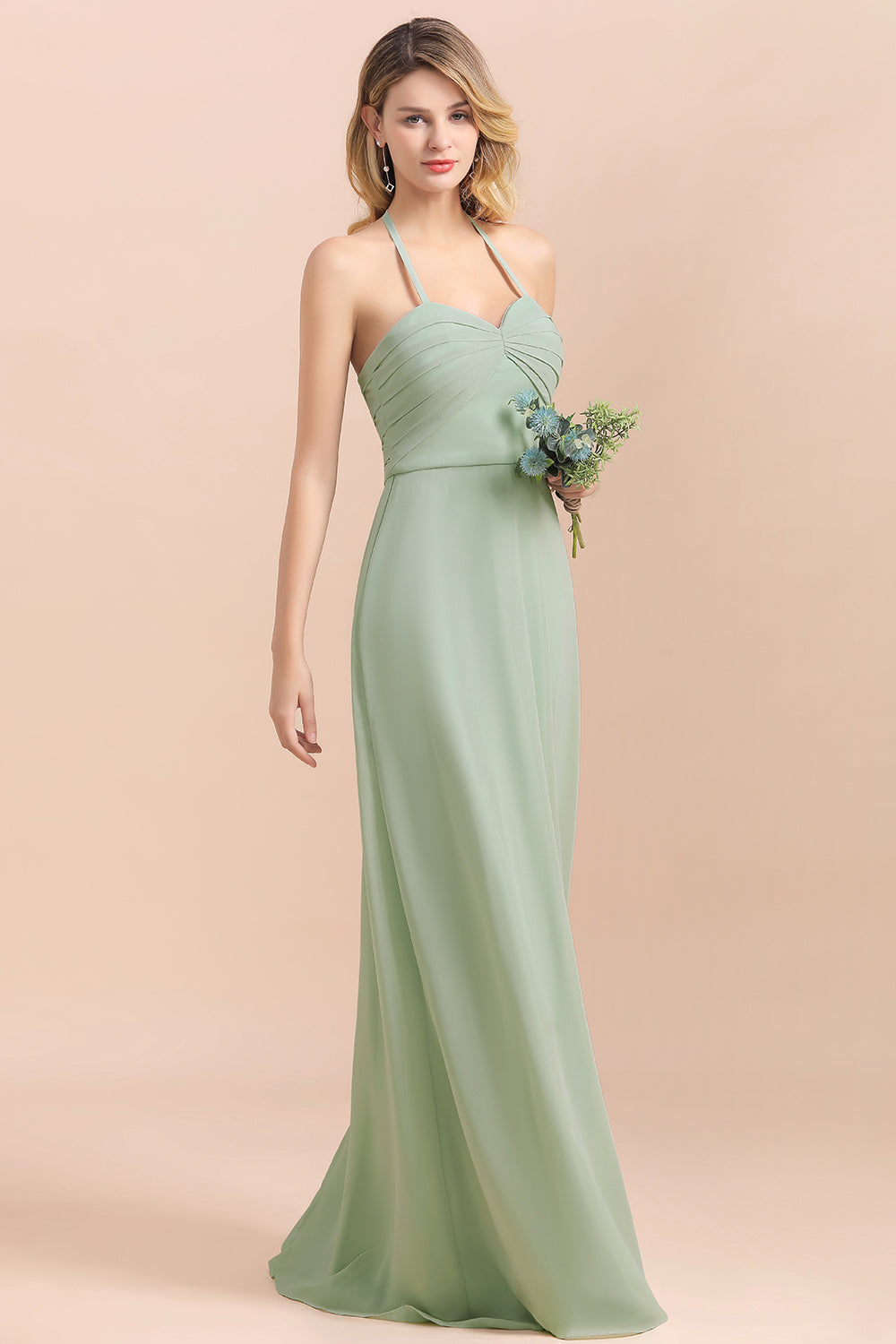 Affordable Halter Sweetheart Chiffon Dusty Sage Bridesmaid Dresses-Babyonlines
