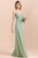 Affordable Halter Sweetheart Chiffon Dusty Sage Bridesmaid Dresses-Babyonlines