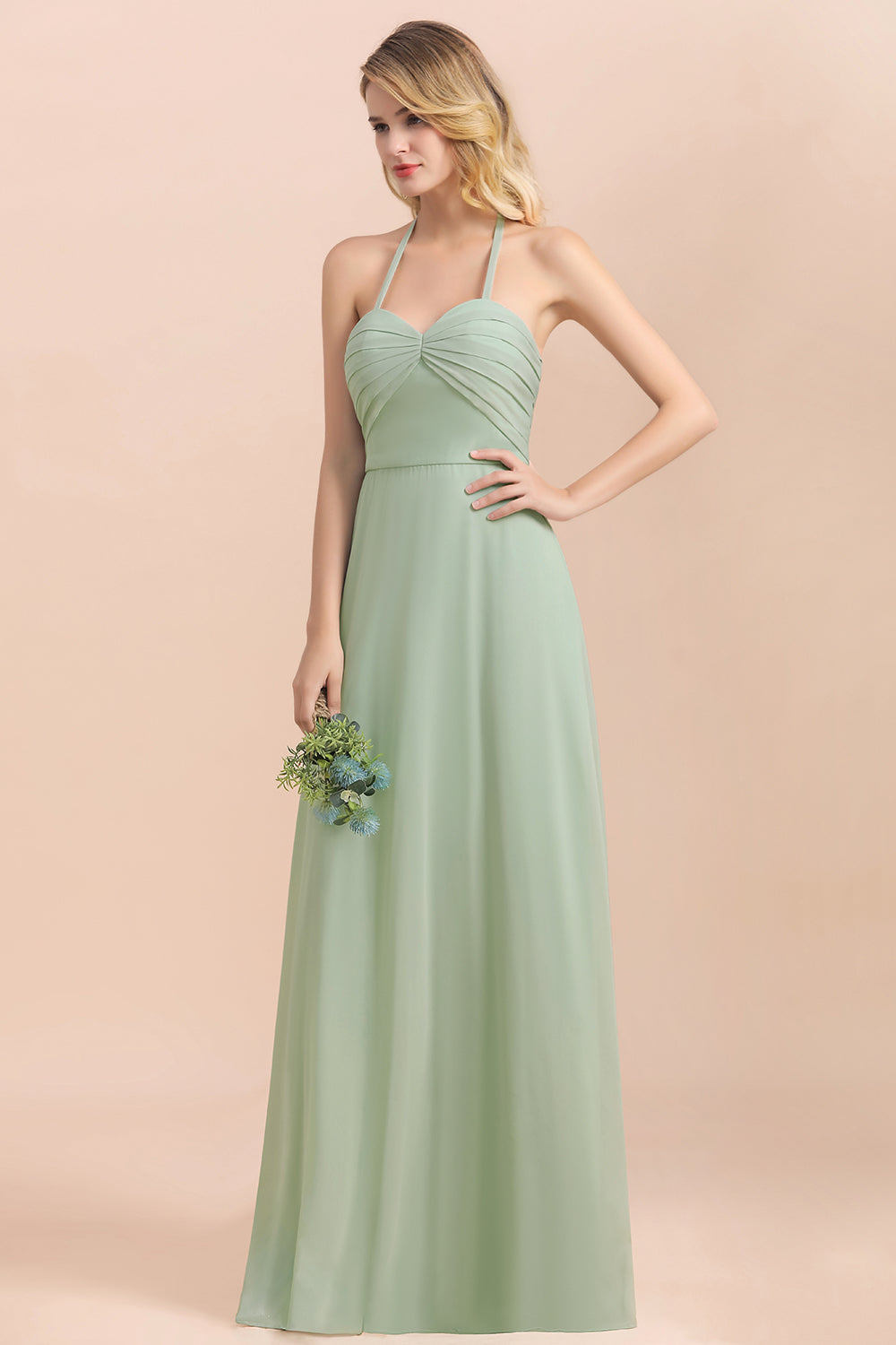Affordable Halter Sweetheart Chiffon Dusty Sage Bridesmaid Dresses-Babyonlines