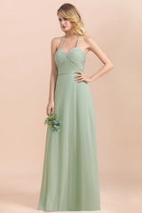 Affordable Halter Sweetheart Chiffon Dusty Sage Bridesmaid Dresses-Babyonlines