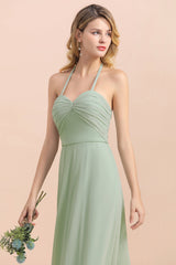 Affordable Halter Sweetheart Chiffon Dusty Sage Bridesmaid Dresses-Babyonlines