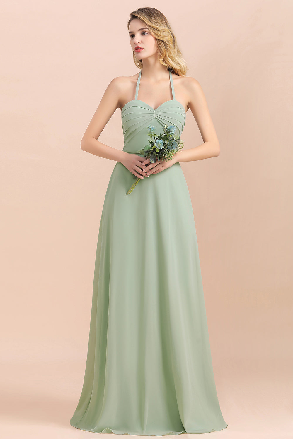Affordable Halter Sweetheart Chiffon Dusty Sage Bridesmaid Dresses-Babyonlines