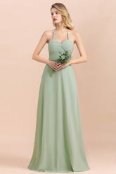 Affordable Halter Sweetheart Chiffon Dusty Sage Bridesmaid Dresses-Babyonlines