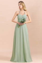 Affordable Halter Sweetheart Chiffon Dusty Sage Bridesmaid Dresses-Babyonlines