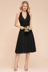 Affordable Halter V-Neck Black Short Bridesmaid Dresses Online-Babyonlines