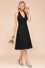 Affordable Halter V-Neck Black Short Bridesmaid Dresses Online-Babyonlines