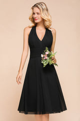 Affordable Halter V-Neck Black Short Bridesmaid Dresses Online-Babyonlines