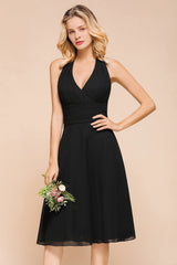 Affordable Halter V-Neck Black Short Bridesmaid Dresses Online-Babyonlines