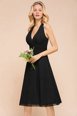 Affordable Halter V-Neck Black Short Bridesmaid Dresses Online-Babyonlines
