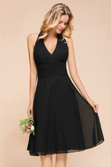Affordable Halter V-Neck Black Short Bridesmaid Dresses Online-Babyonlines