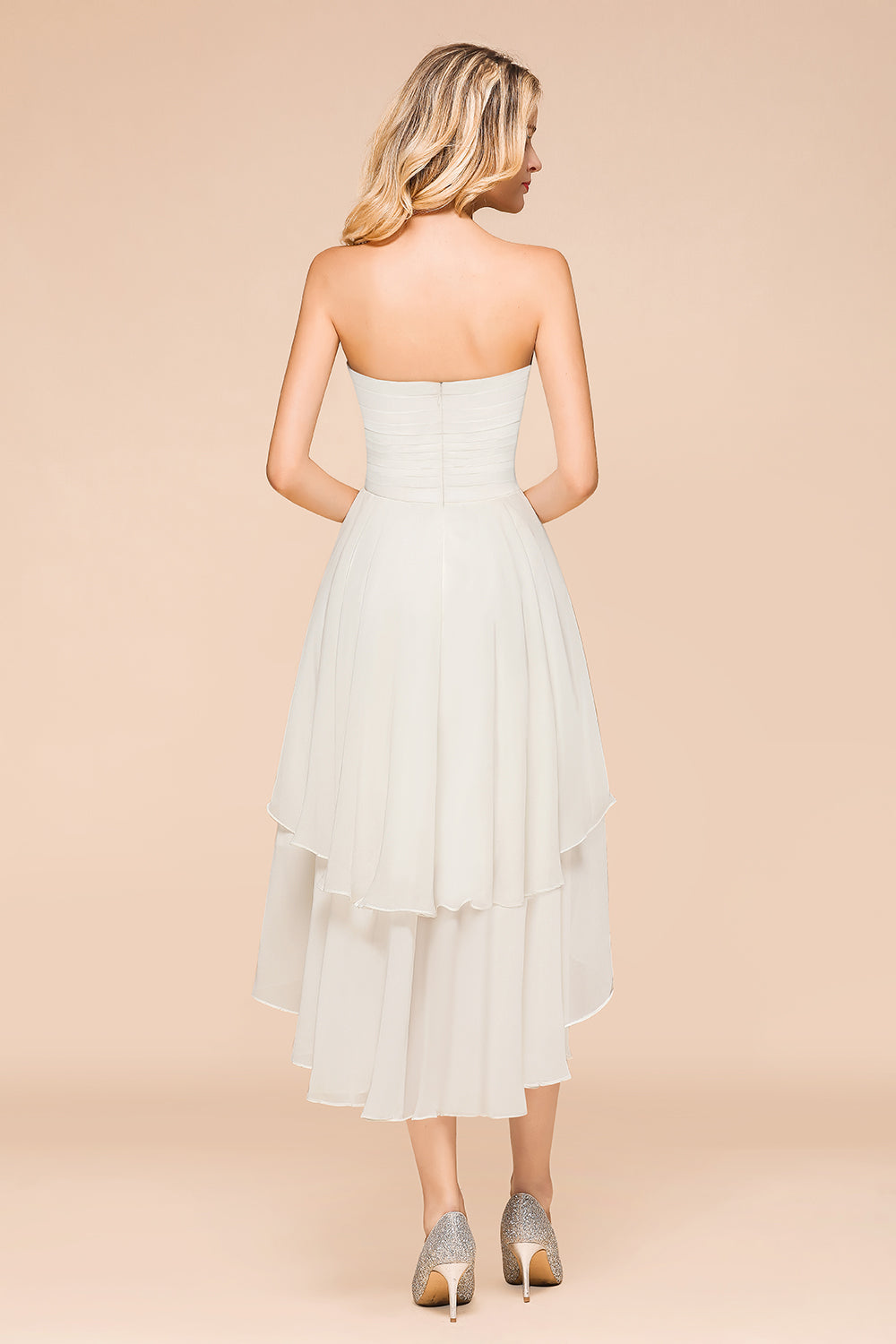 Affordable Hi-Lo Layer Ruffle Ivory Short Bridesmaid Dress with Flower-Babyonlines