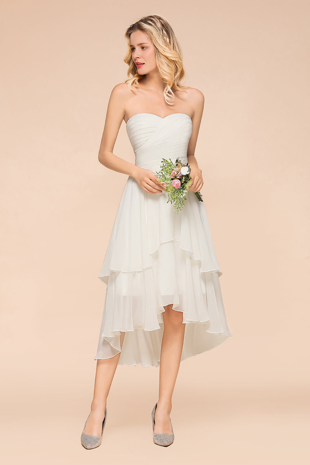 Affordable Hi-Lo Layer Ruffle Ivory Short Bridesmaid Dress with Flower-Babyonlines