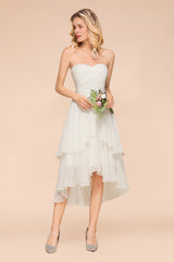 Affordable Hi-Lo Layer Ruffle Ivory Short Bridesmaid Dress with Flower-Babyonlines