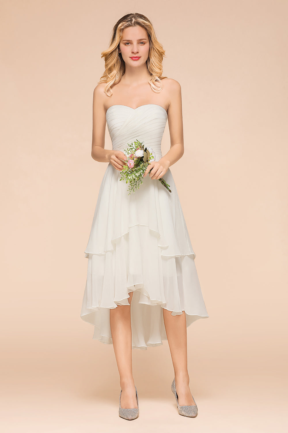 Affordable Hi-Lo Layer Ruffle Ivory Short Bridesmaid Dress with Flower-Babyonlines