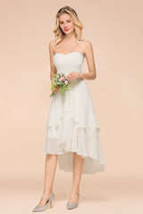 Affordable Hi-Lo Layer Ruffle Ivory Short Bridesmaid Dress with Flower-Babyonlines