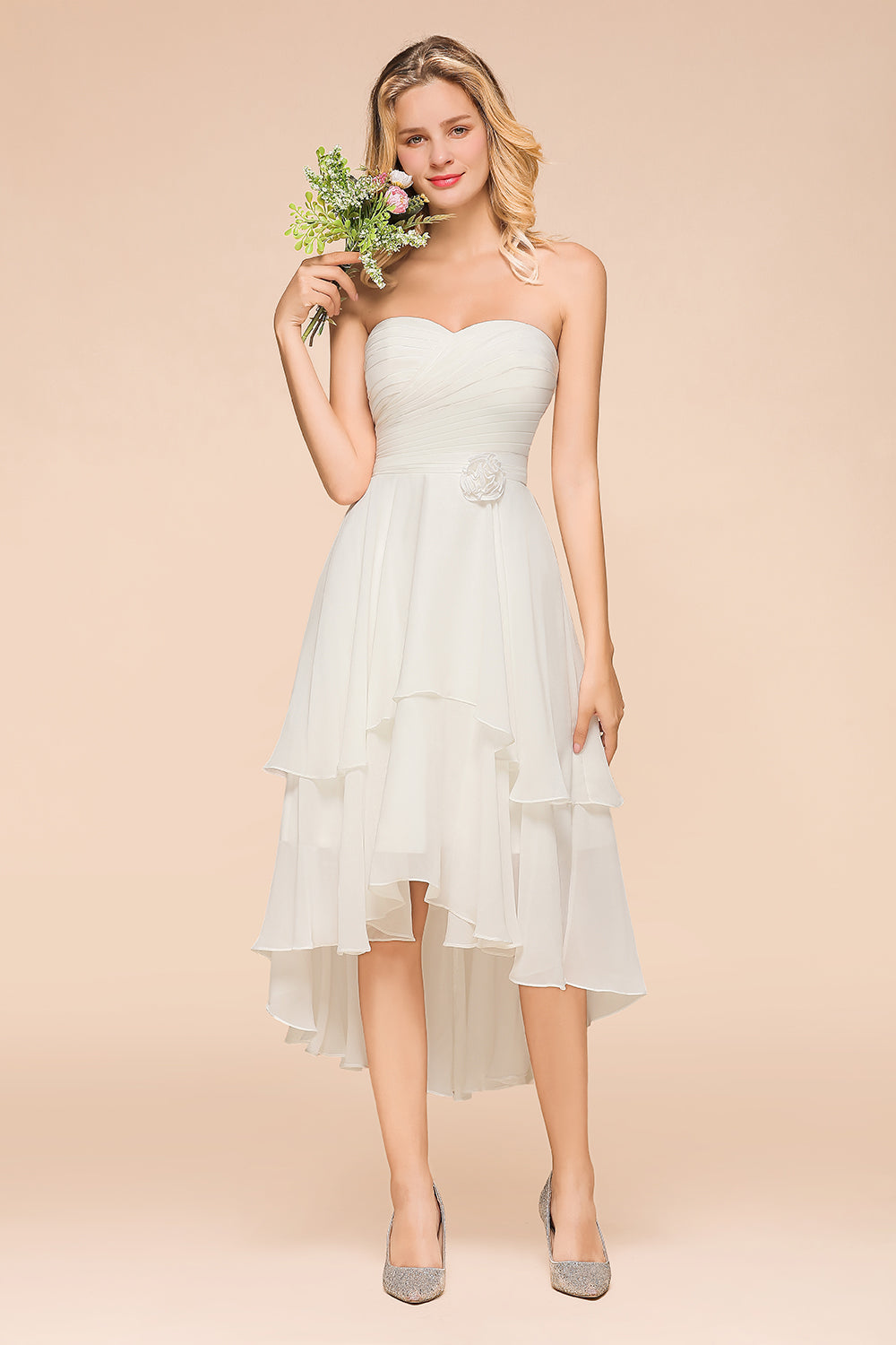 Affordable Hi-Lo Layer Ruffle Ivory Short Bridesmaid Dress with Flower-Babyonlines