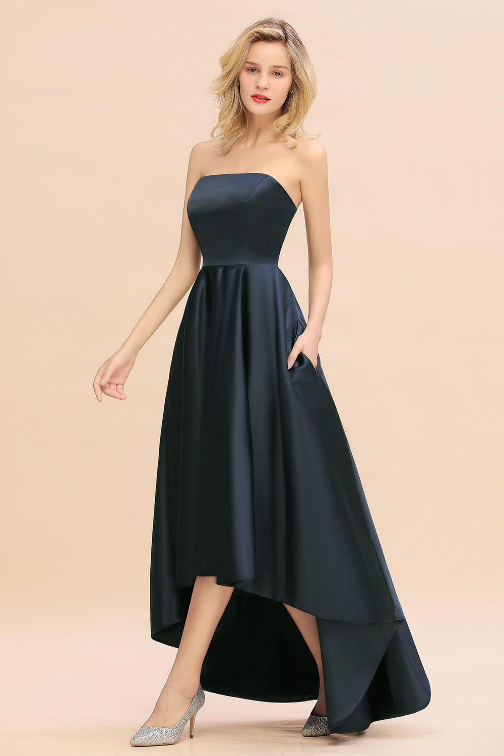 Affordable Hi-Lo Strapless Satin Bridesmaid dresses Online-Babyonlines