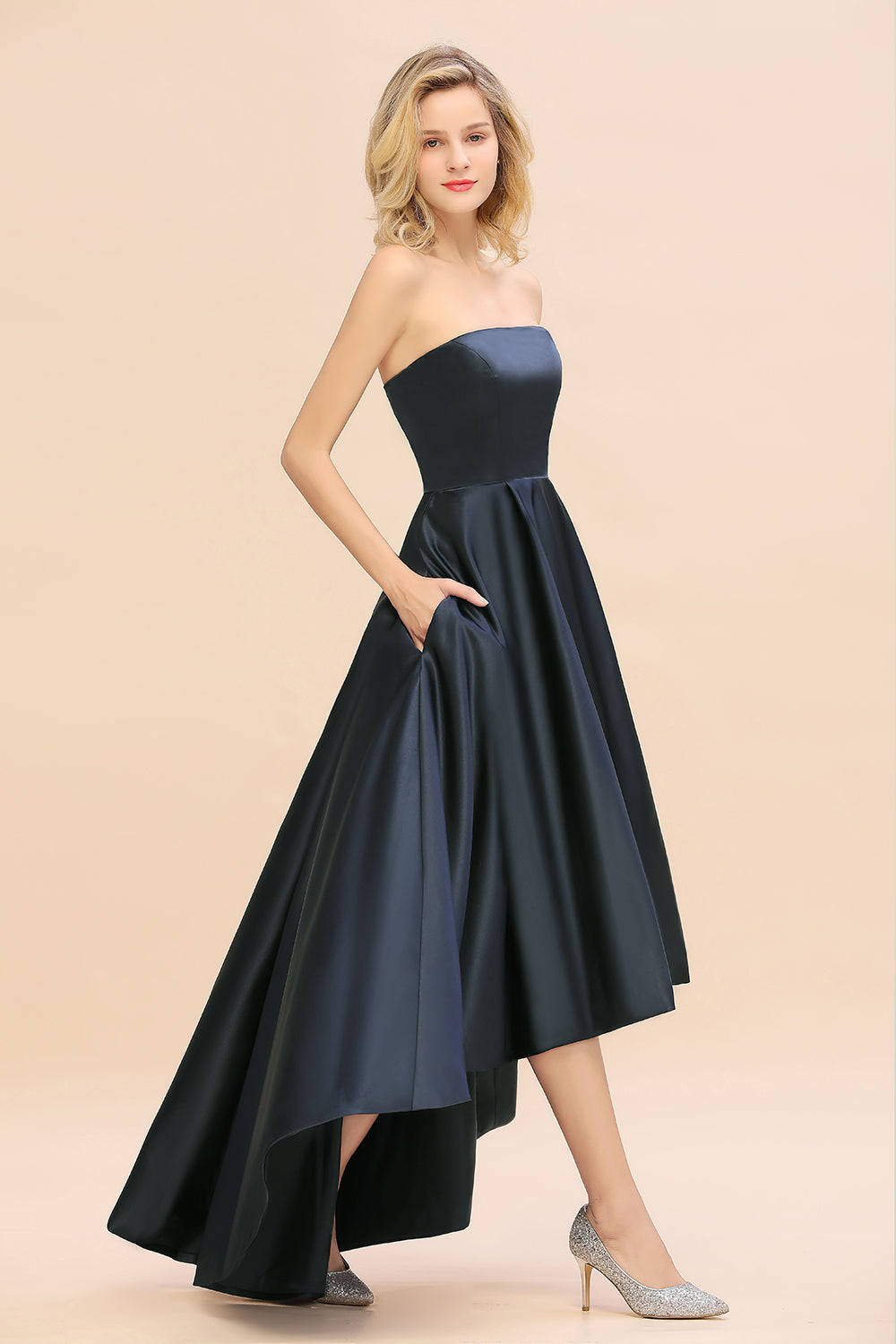 Affordable Hi-Lo Strapless Satin Bridesmaid dresses Online-Babyonlines