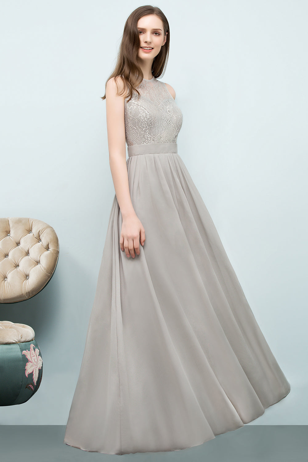 Affordable Lace Sleeveless Silver Bridesmaid Dress with Ruffles-Babyonlines