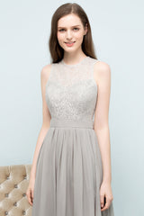 Affordable Lace Sleeveless Silver Bridesmaid Dress with Ruffles-Babyonlines