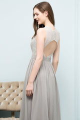 Affordable Lace Sleeveless Silver Bridesmaid Dress with Ruffles-Babyonlines