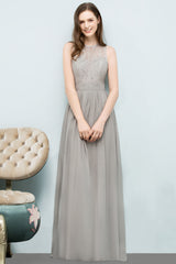 Affordable Lace Sleeveless Silver Bridesmaid Dress with Ruffles-Babyonlines
