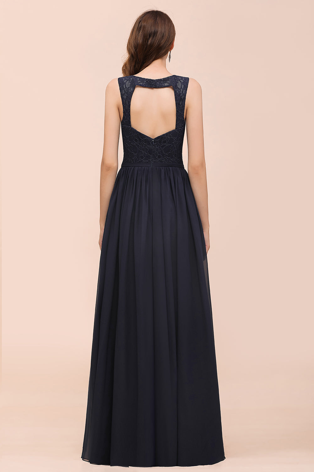 Affordable Lace V-Neck Navy Bridesmaid Dress with Open Back-Babyonlines