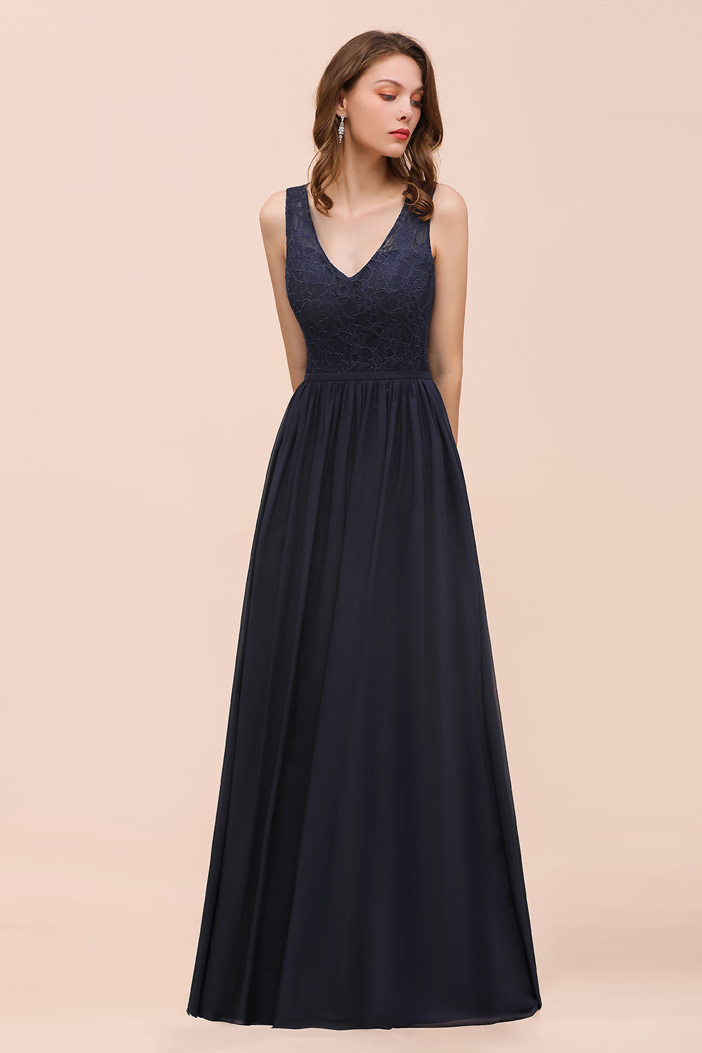 Affordable Lace V-Neck Navy Bridesmaid Dress with Open Back-Babyonlines