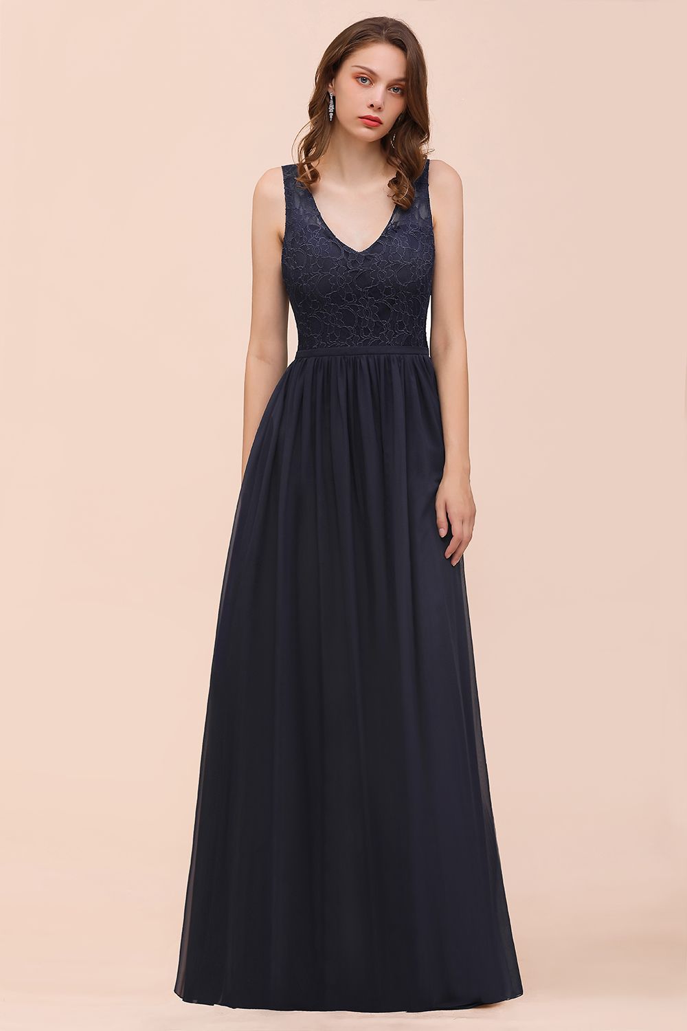Affordable Lace V-Neck Navy Bridesmaid Dress with Open Back-Babyonlines
