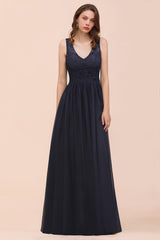 Affordable Lace V-Neck Navy Bridesmaid Dress with Open Back-Babyonlines
