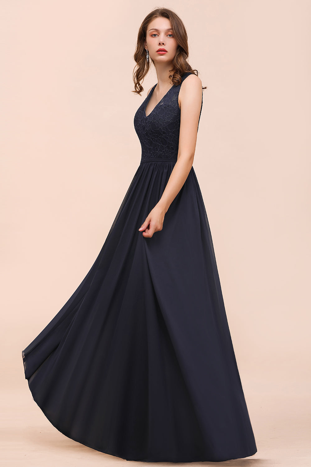 Affordable Lace V-Neck Navy Bridesmaid Dress with Open Back-Babyonlines