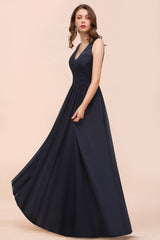 Affordable Lace V-Neck Navy Bridesmaid Dress with Open Back-Babyonlines