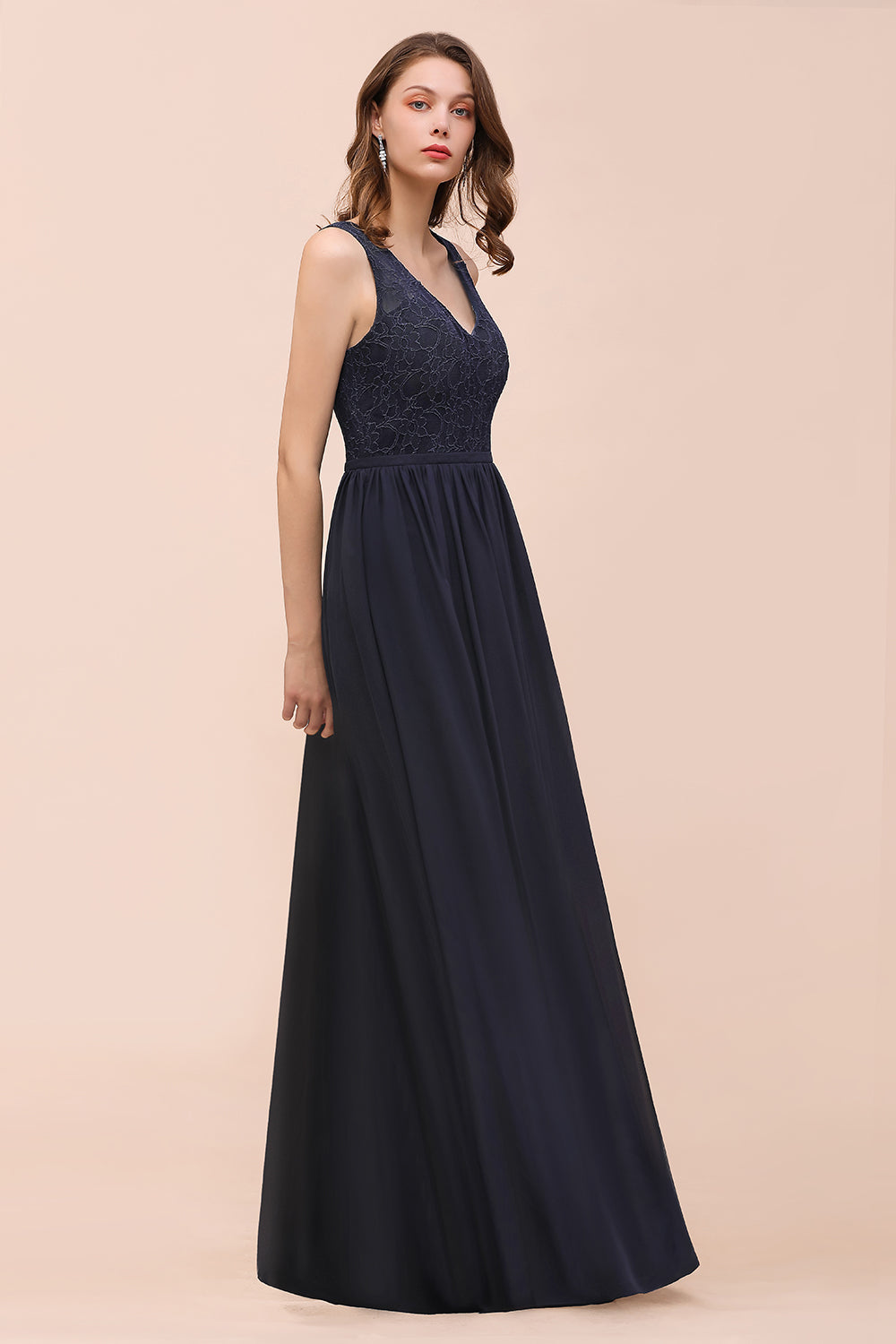 Affordable Lace V-Neck Navy Bridesmaid Dress with Open Back-Babyonlines