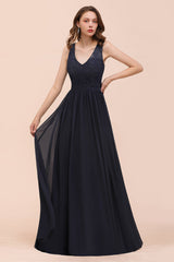 Affordable Lace V-Neck Navy Bridesmaid Dress with Open Back-Babyonlines