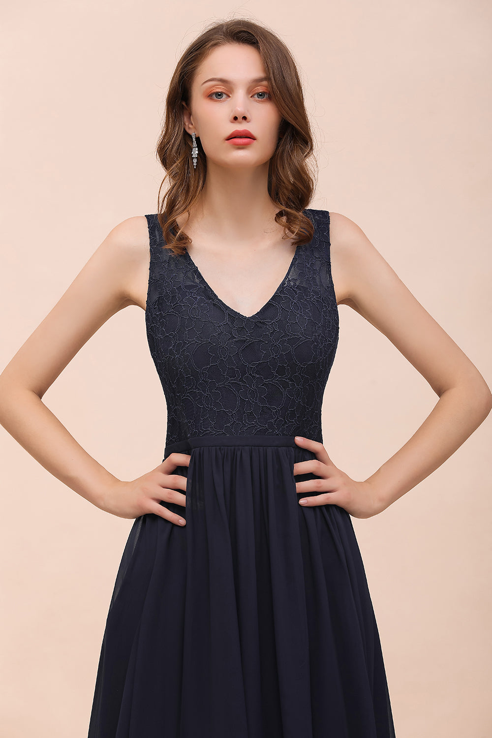 Affordable Lace V-Neck Navy Bridesmaid Dress with Open Back-Babyonlines