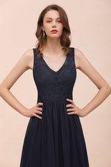 Affordable Lace V-Neck Navy Bridesmaid Dress with Open Back-Babyonlines