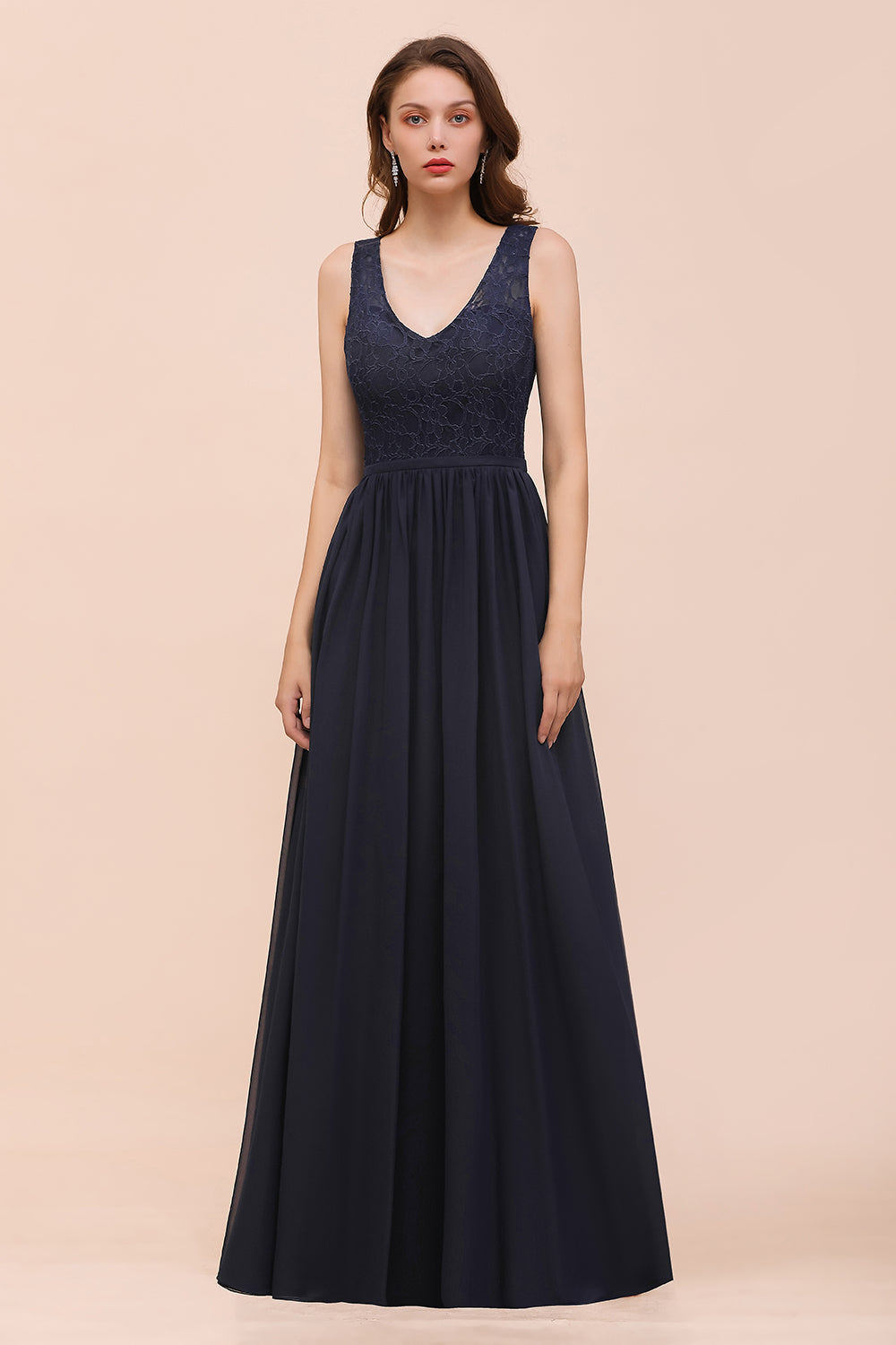 Affordable Lace V-Neck Navy Bridesmaid Dress with Open Back-Babyonlines