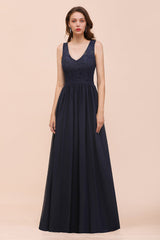 Affordable Lace V-Neck Navy Bridesmaid Dress with Open Back-Babyonlines